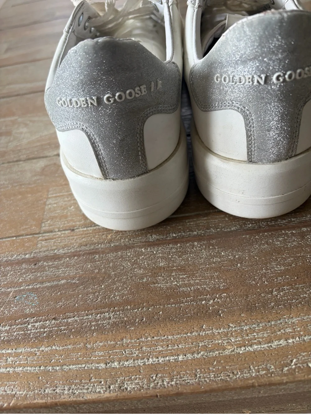 Golden Goose White Leather Platform Sneakers with Silver Heel